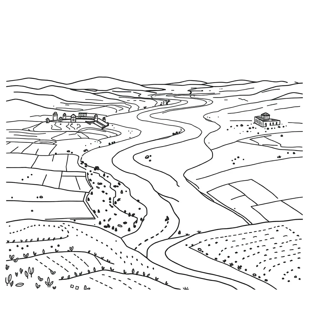Ancient Mesopotamian farming scene with rivers and fertile land