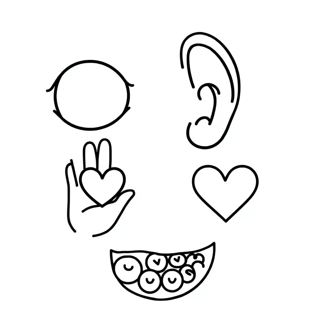 Five senses illustration showing eye, ear, hand, nose, and mouth