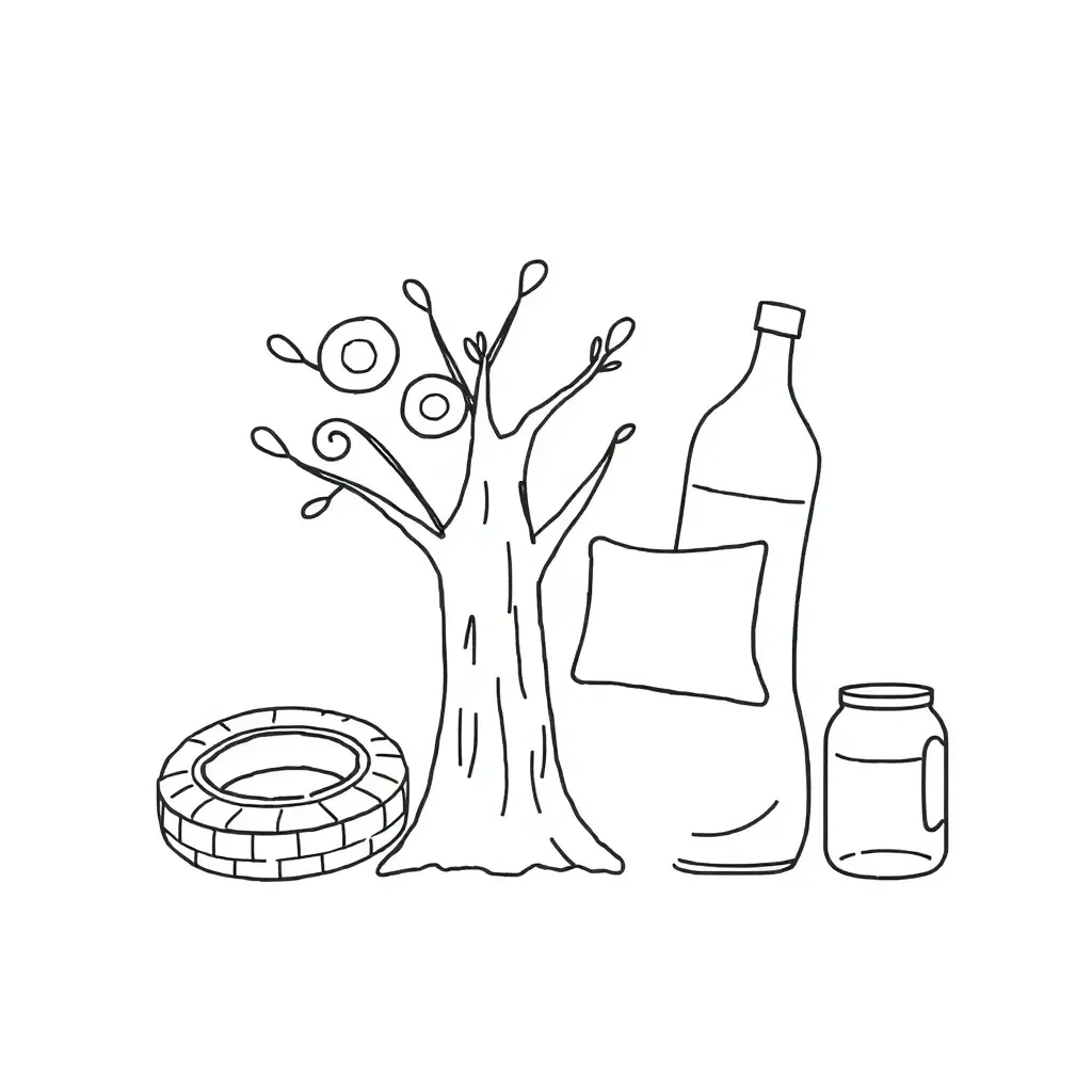 Various materials in nature - plastic bottles, wooden logs, rubber tires, paper, and glass bottles in an outdoor environment
