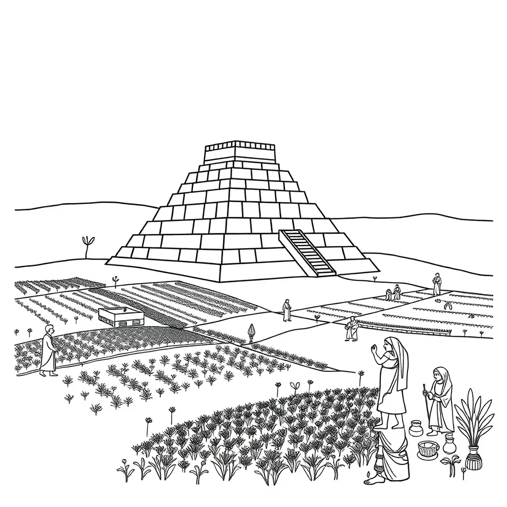Ancient Mesopotamian ziggurat and daily life scene