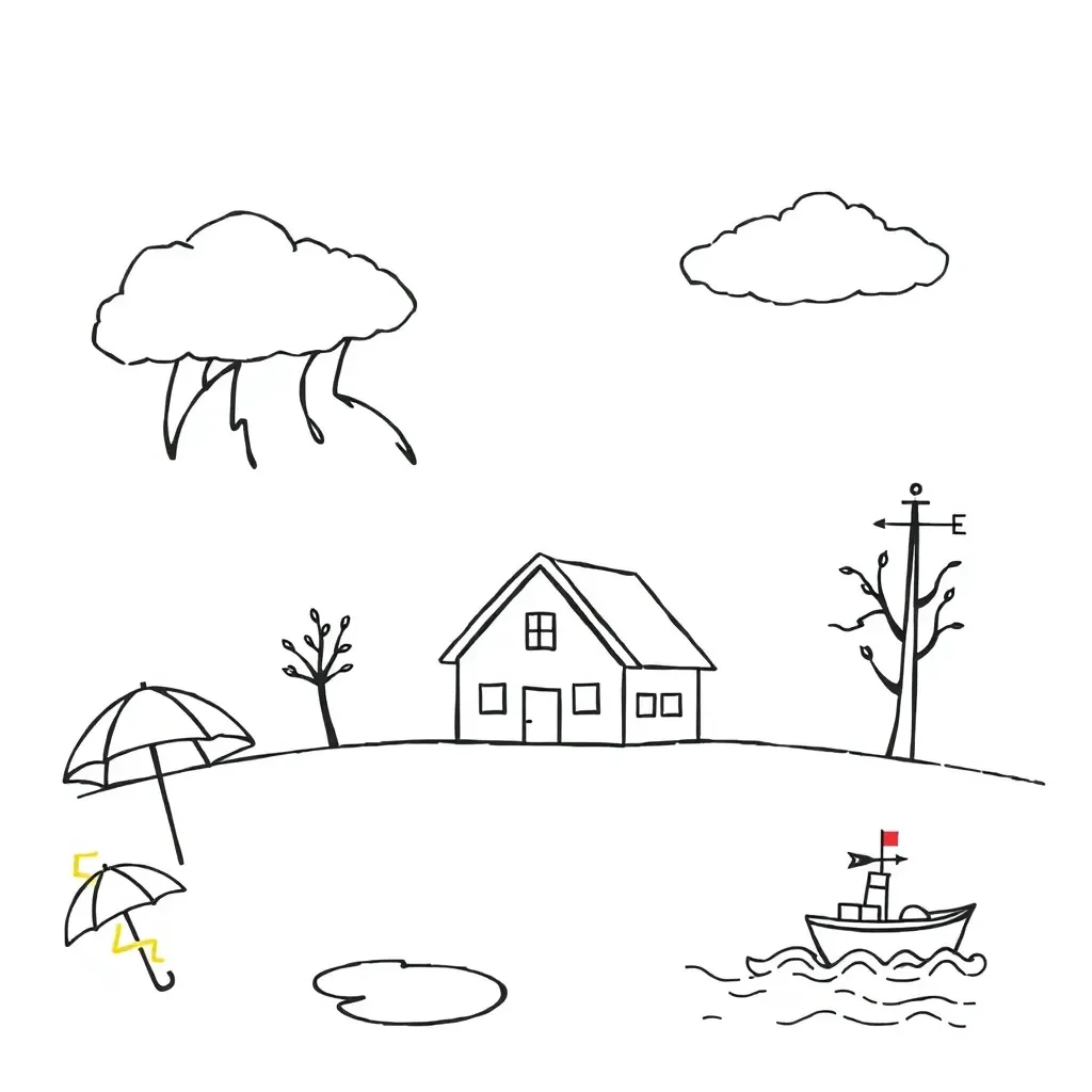 Storm clouds with weather warning symbols
