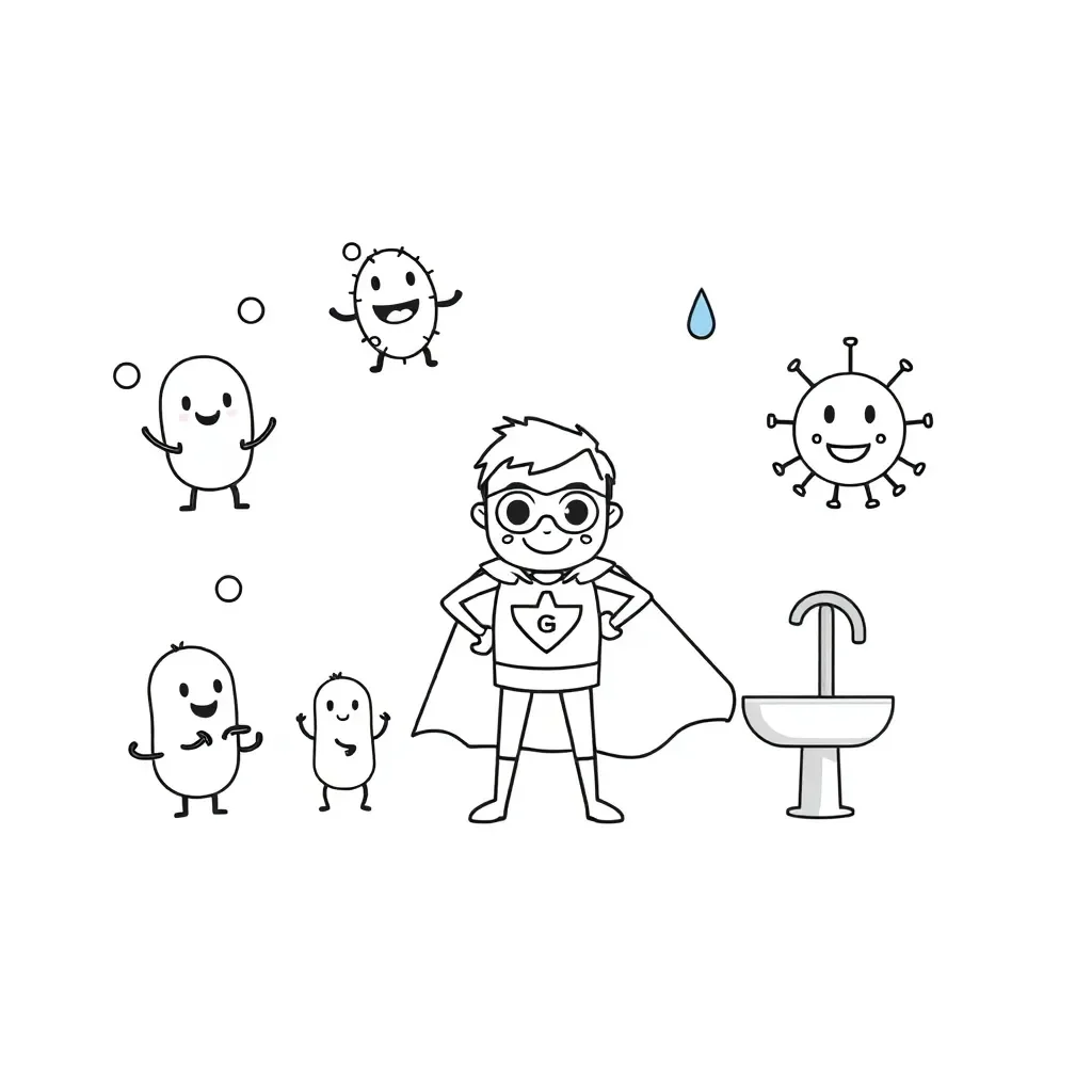 Microscopic germs and handwashing illustration