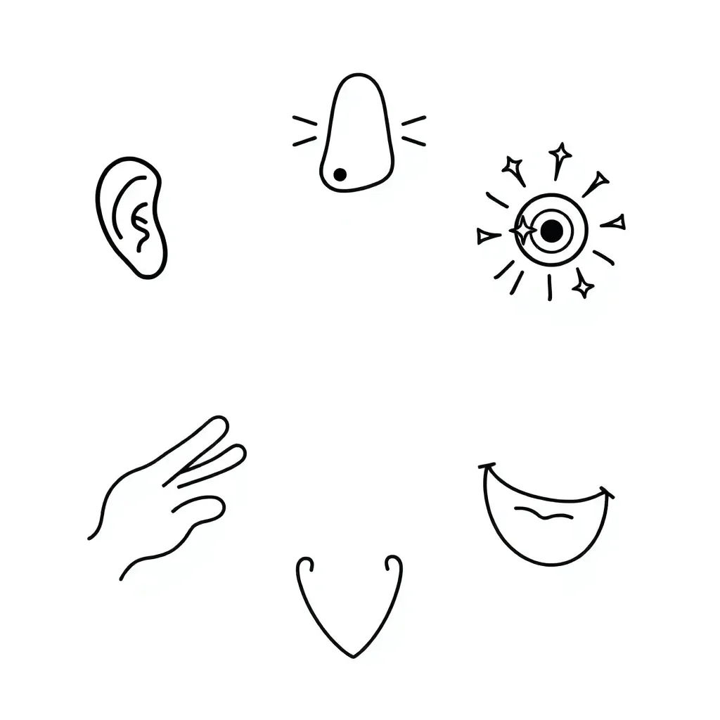 Five senses illustration with eyes, ears, nose, mouth, and hands