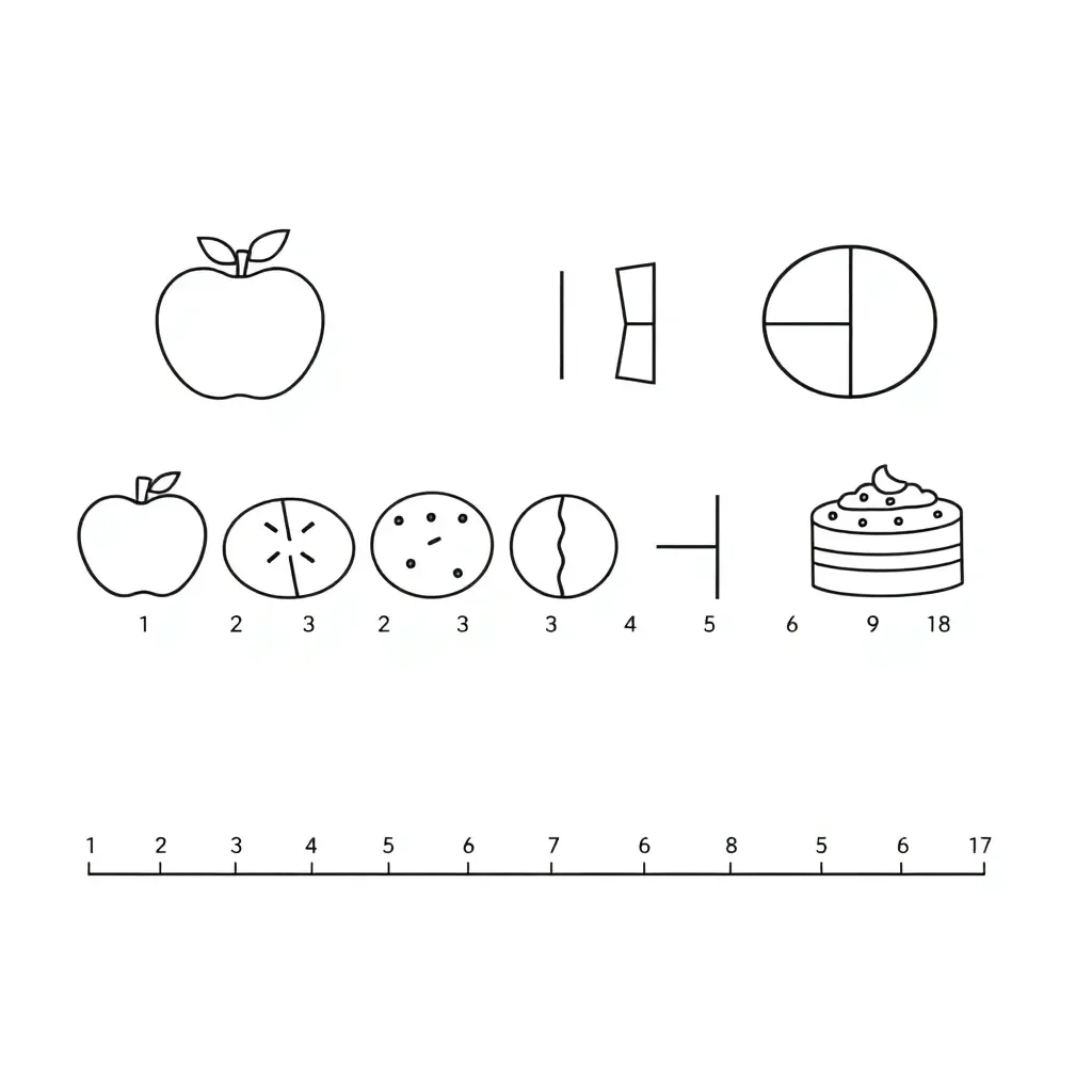 Fraction circles and number line illustration