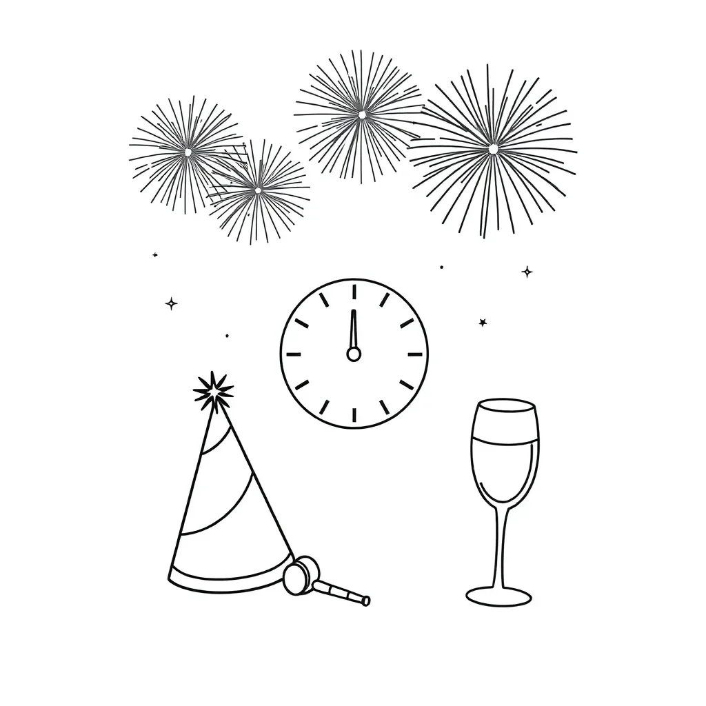 New Year's celebration with fireworks and clock