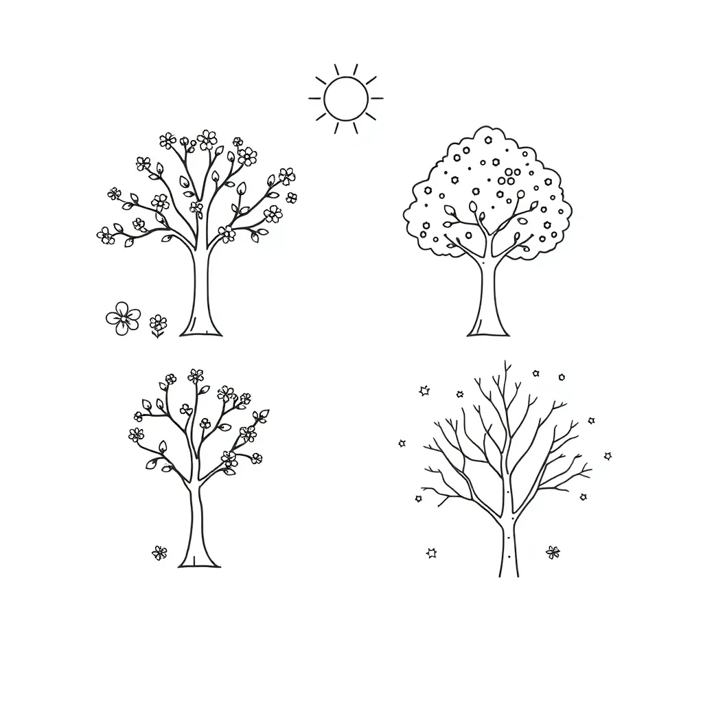 Four seasons illustration showing spring, summer, fall, and winter