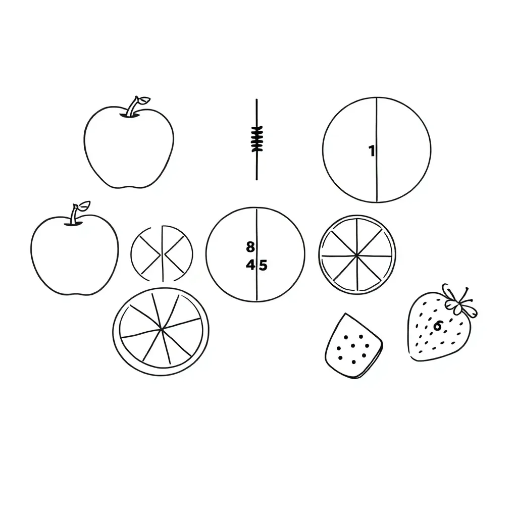 Fractions illustration showing pizza slices and cake portions