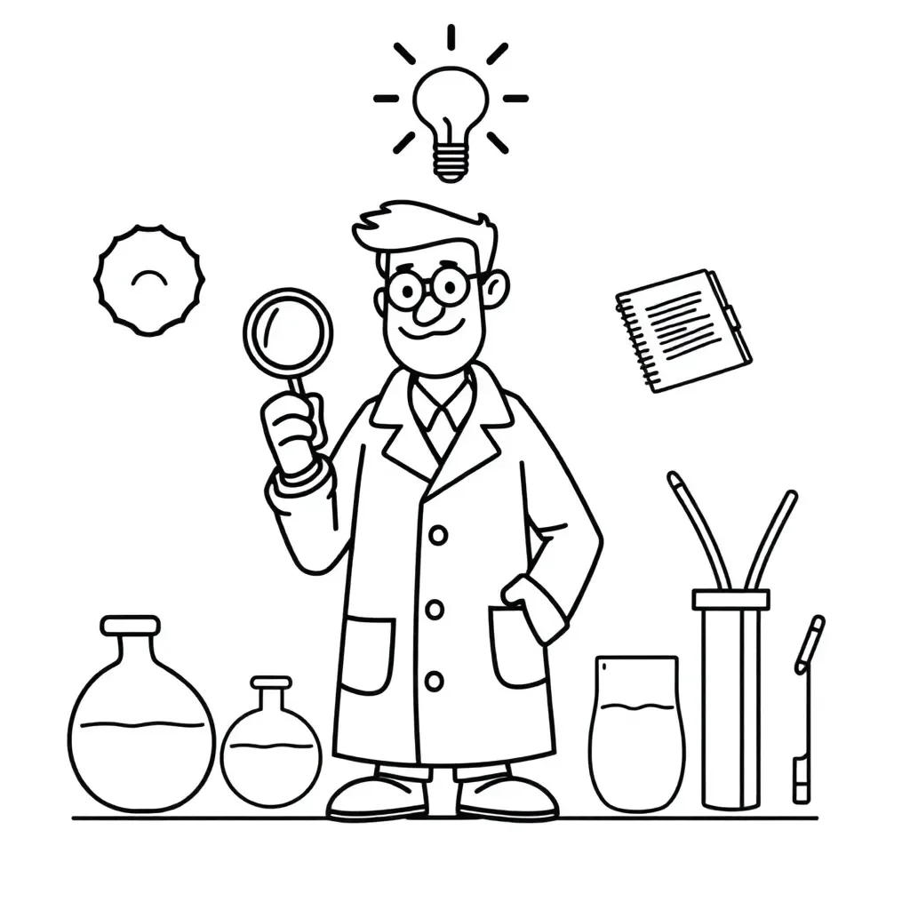 Scientific method illustration with beakers and magnifying glass