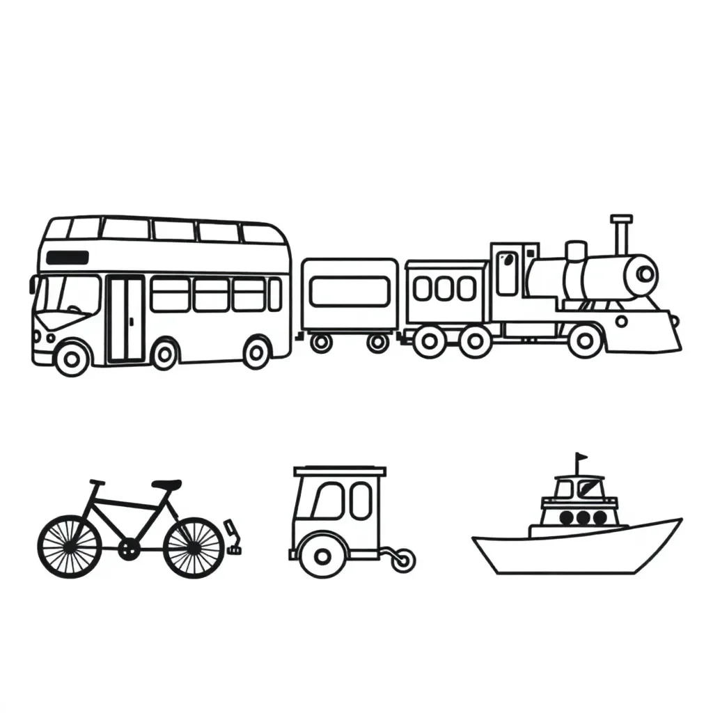 Various modes of transport including cars, trains, planes and ships