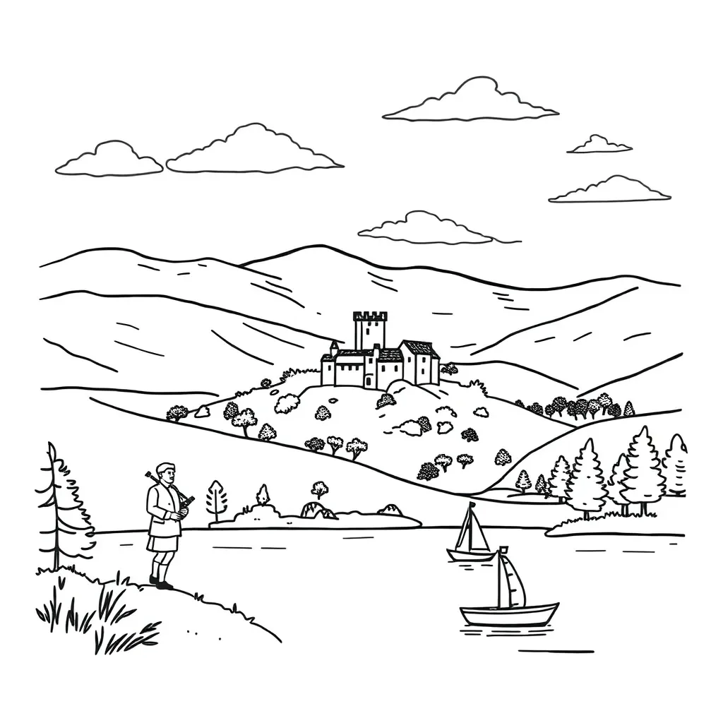 Scottish Highland scene with sailing ship