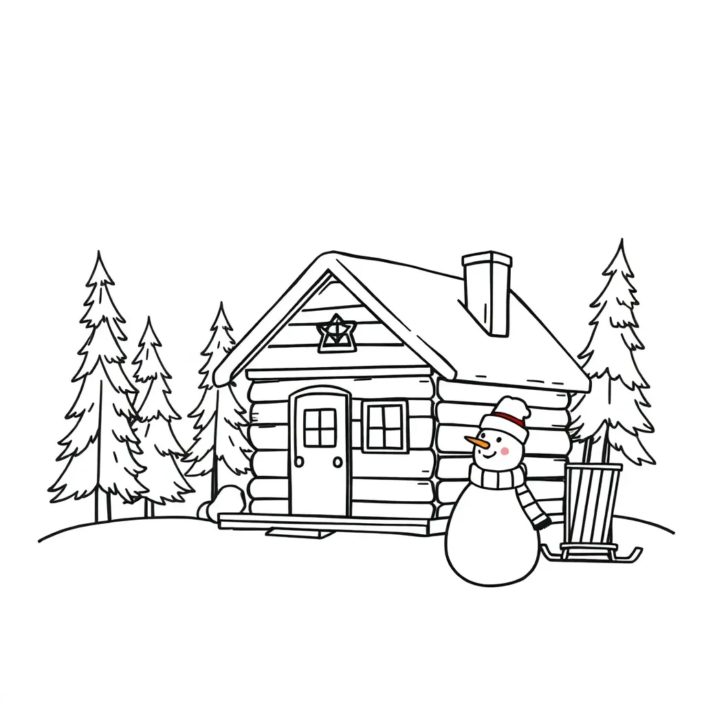 Winter scene with snowman and trees