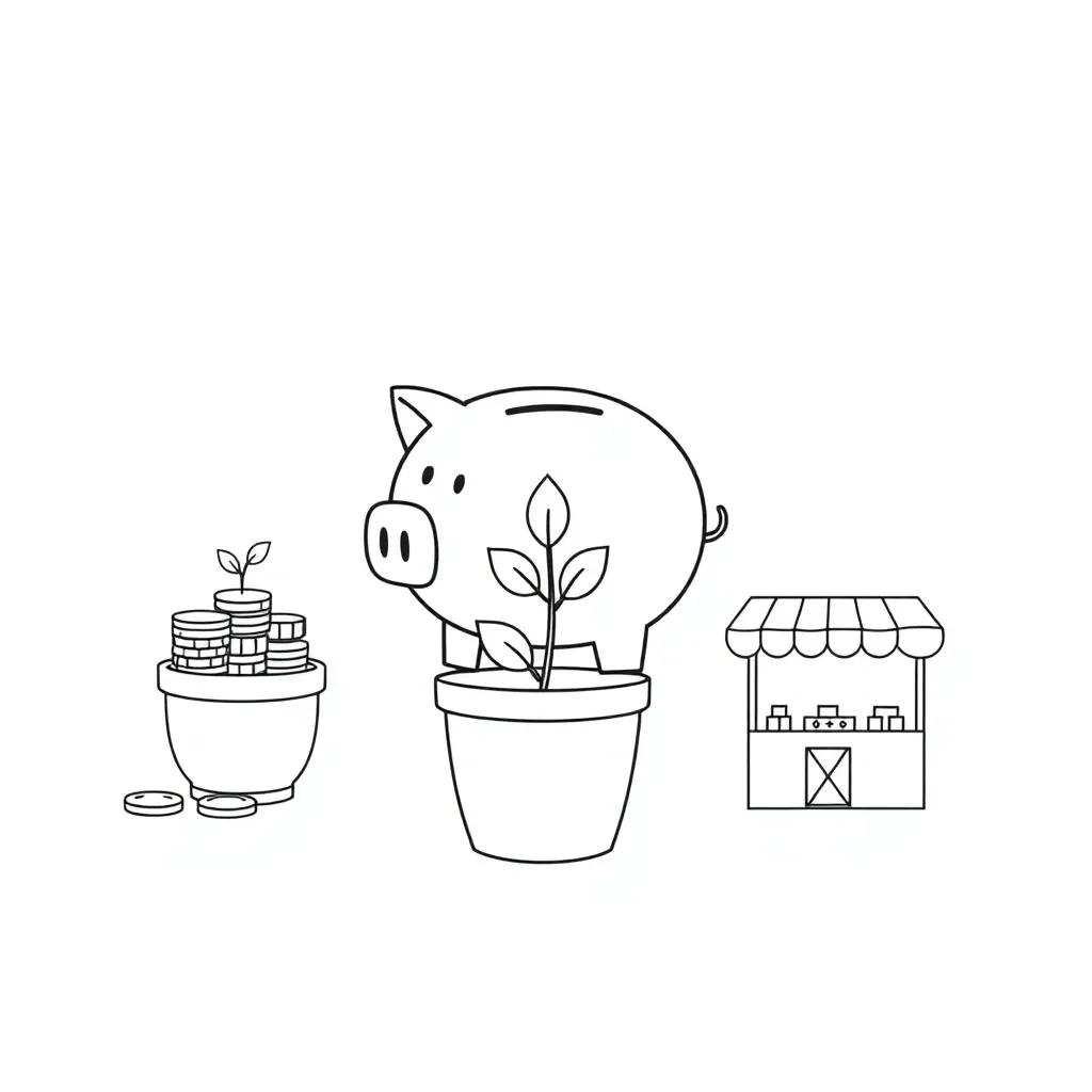 Piggy bank with coins and dollar bills