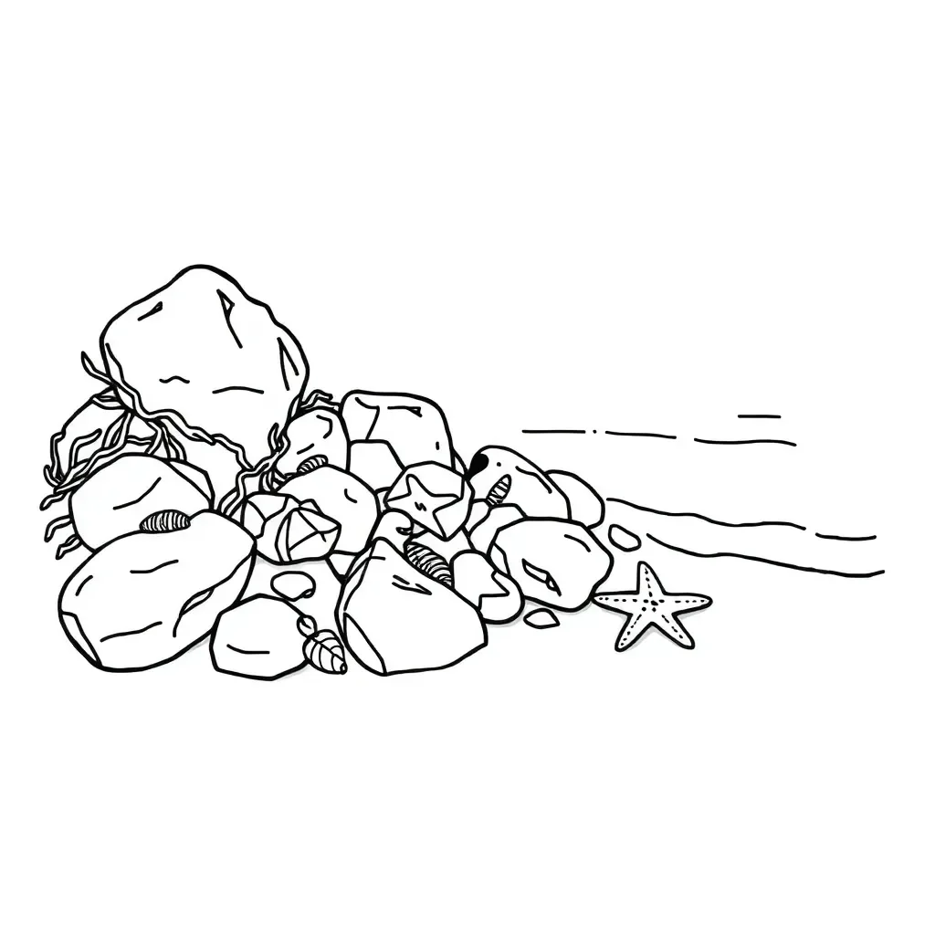 Rocky shore habitat with various organisms