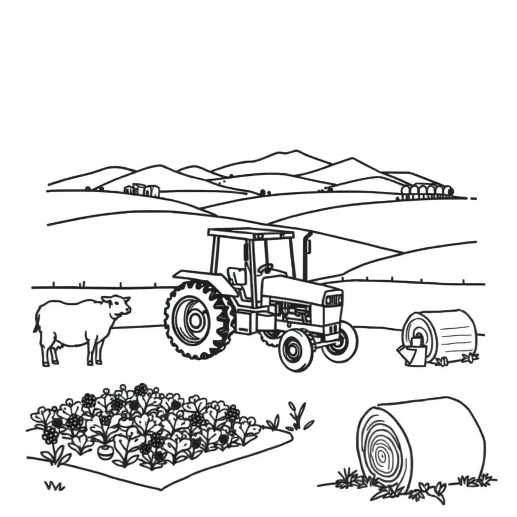 Farm scene with crops and animals