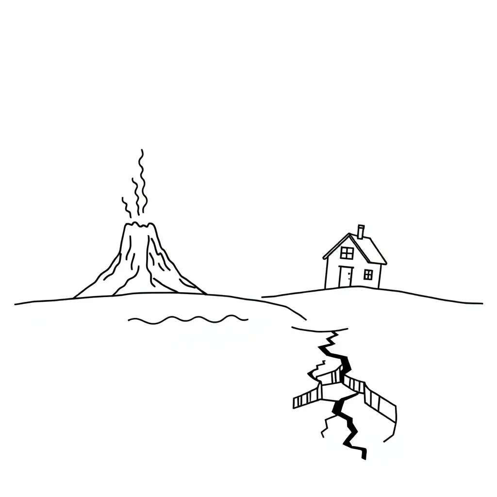 Natural disasters illustration showing earthquake, volcano, hurricane and flood