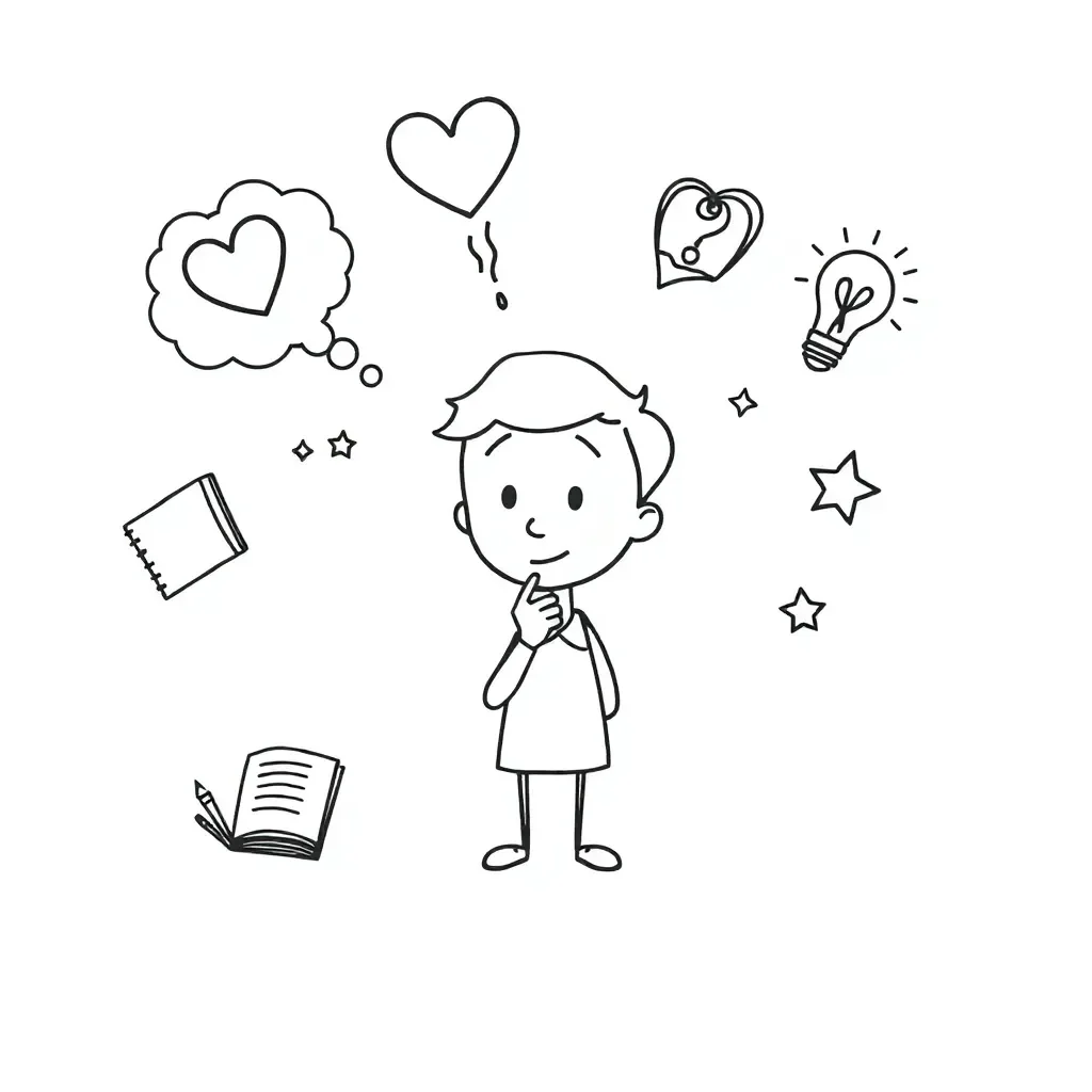 Student reading with thought bubble