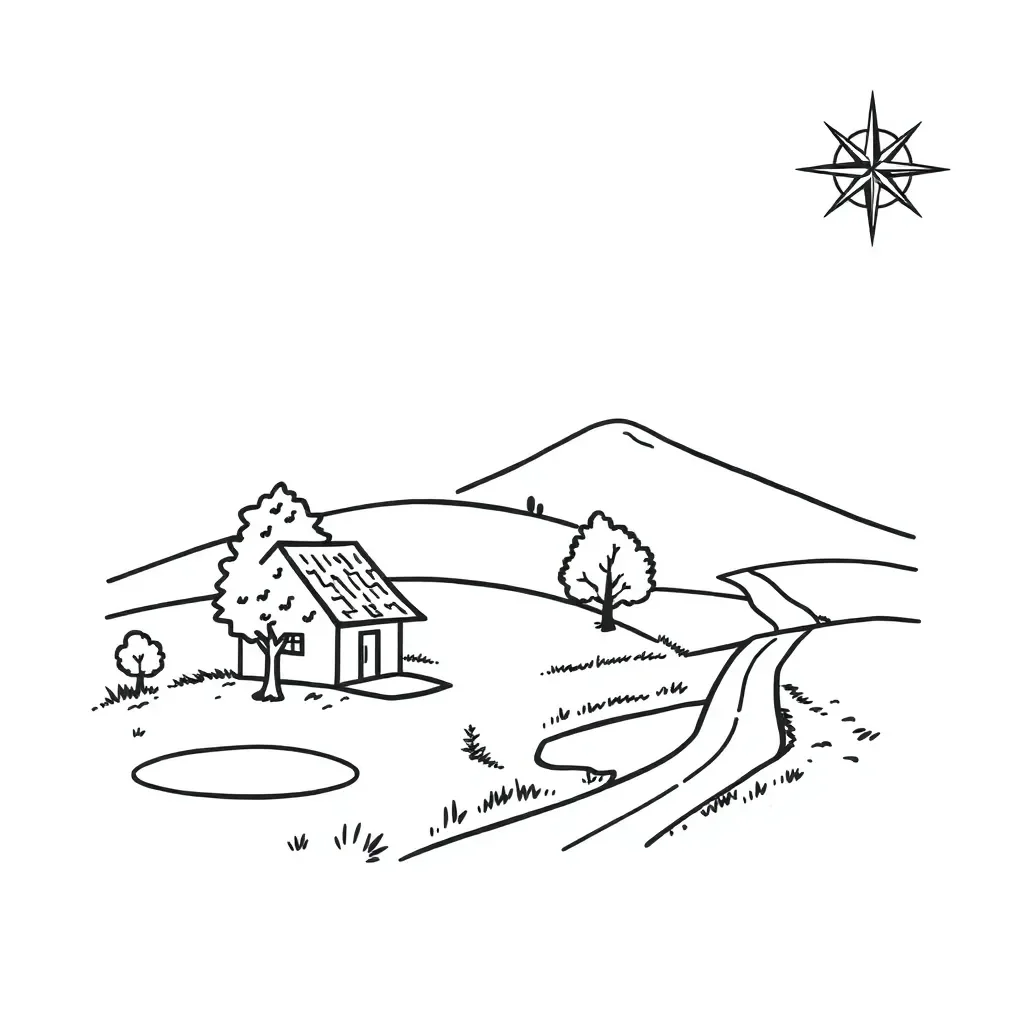 Village scene with hills, houses, and river