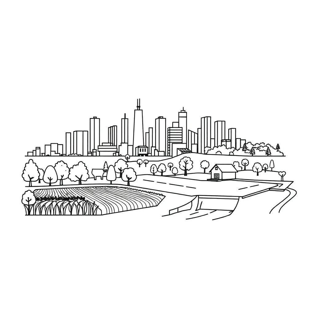City skyline showing urban environment with buildings and roads