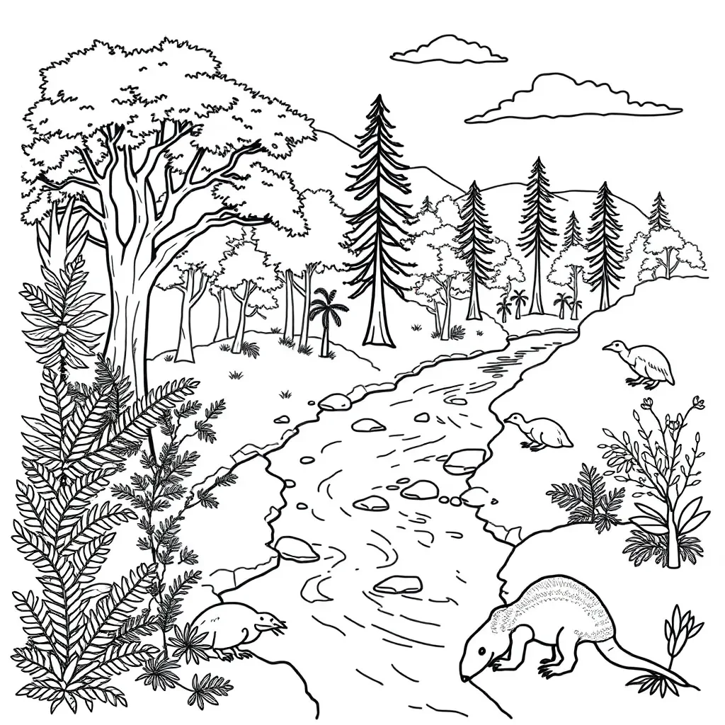 Ecosystem illustration showing plants, animals and environment