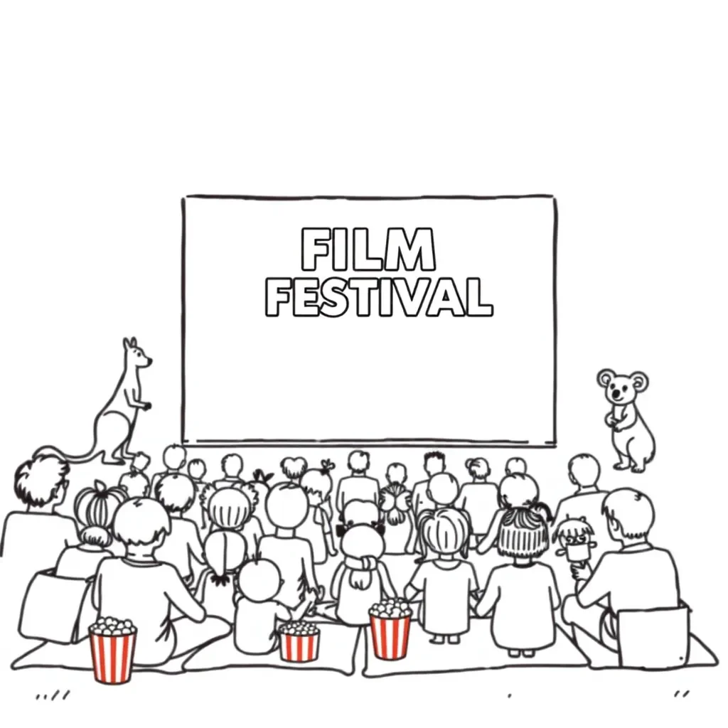 Film festival with movie screens and audience
