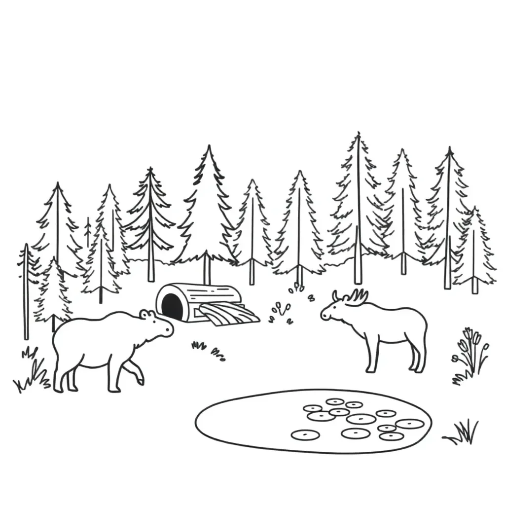 Ecosystem illustration with plants, animals, and environment