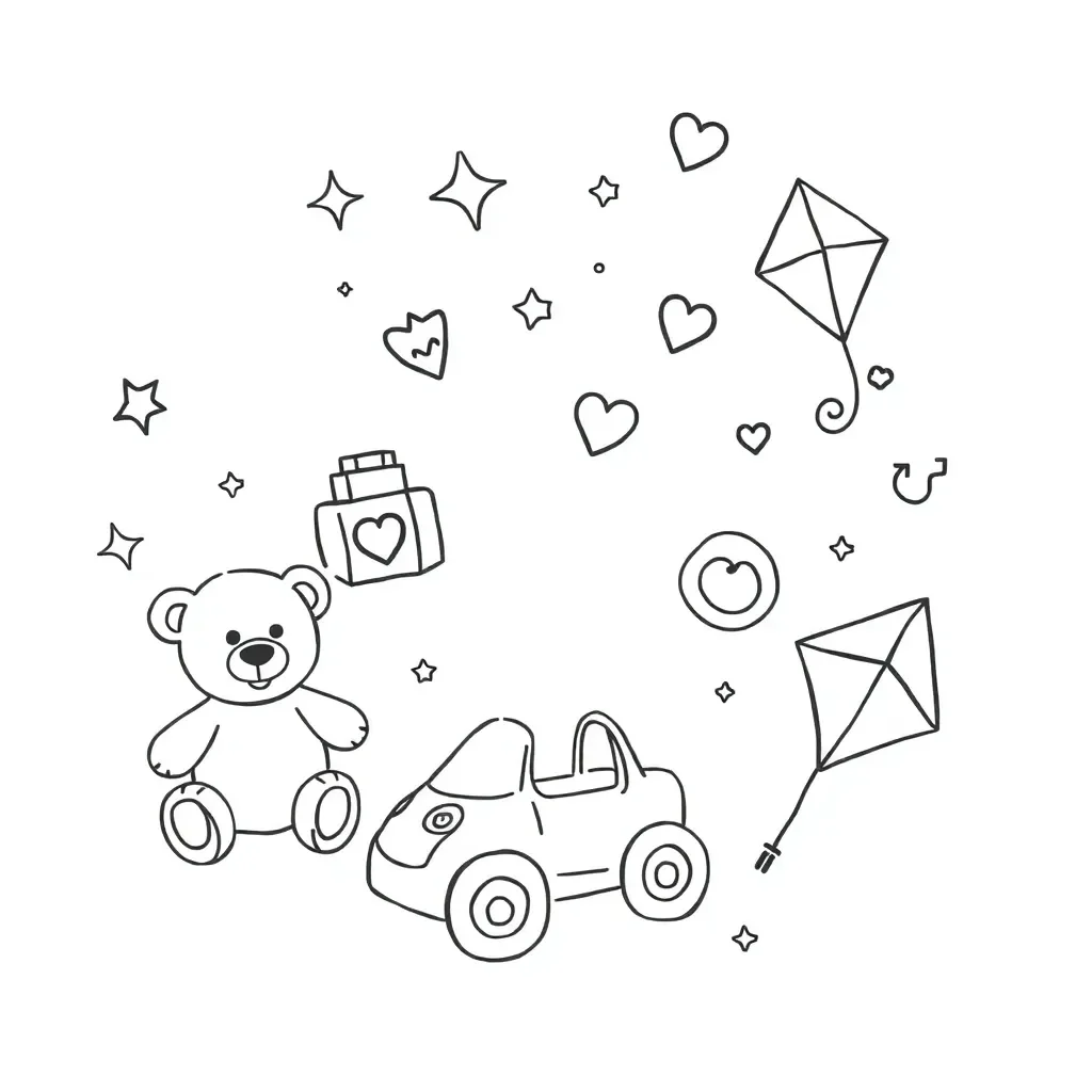 Child writing with colourful toys around