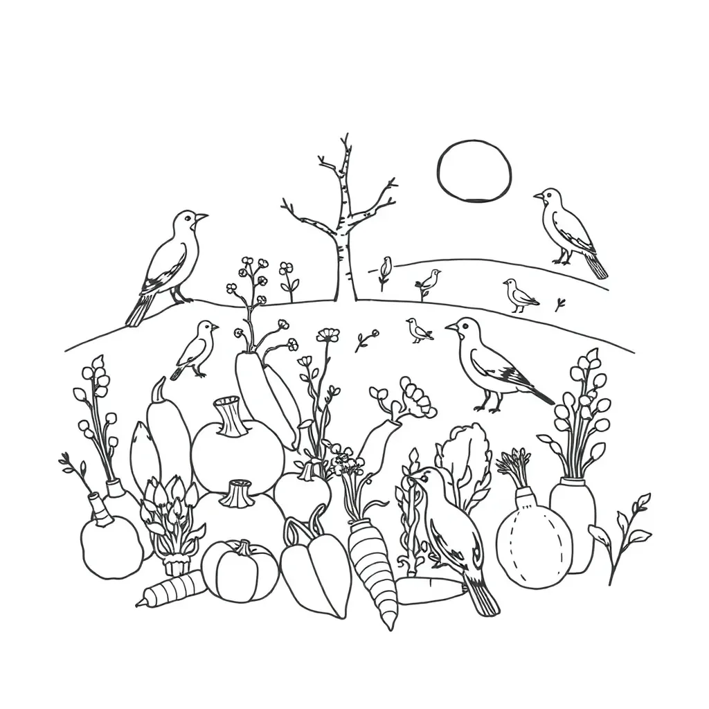 Native birds and garden illustration