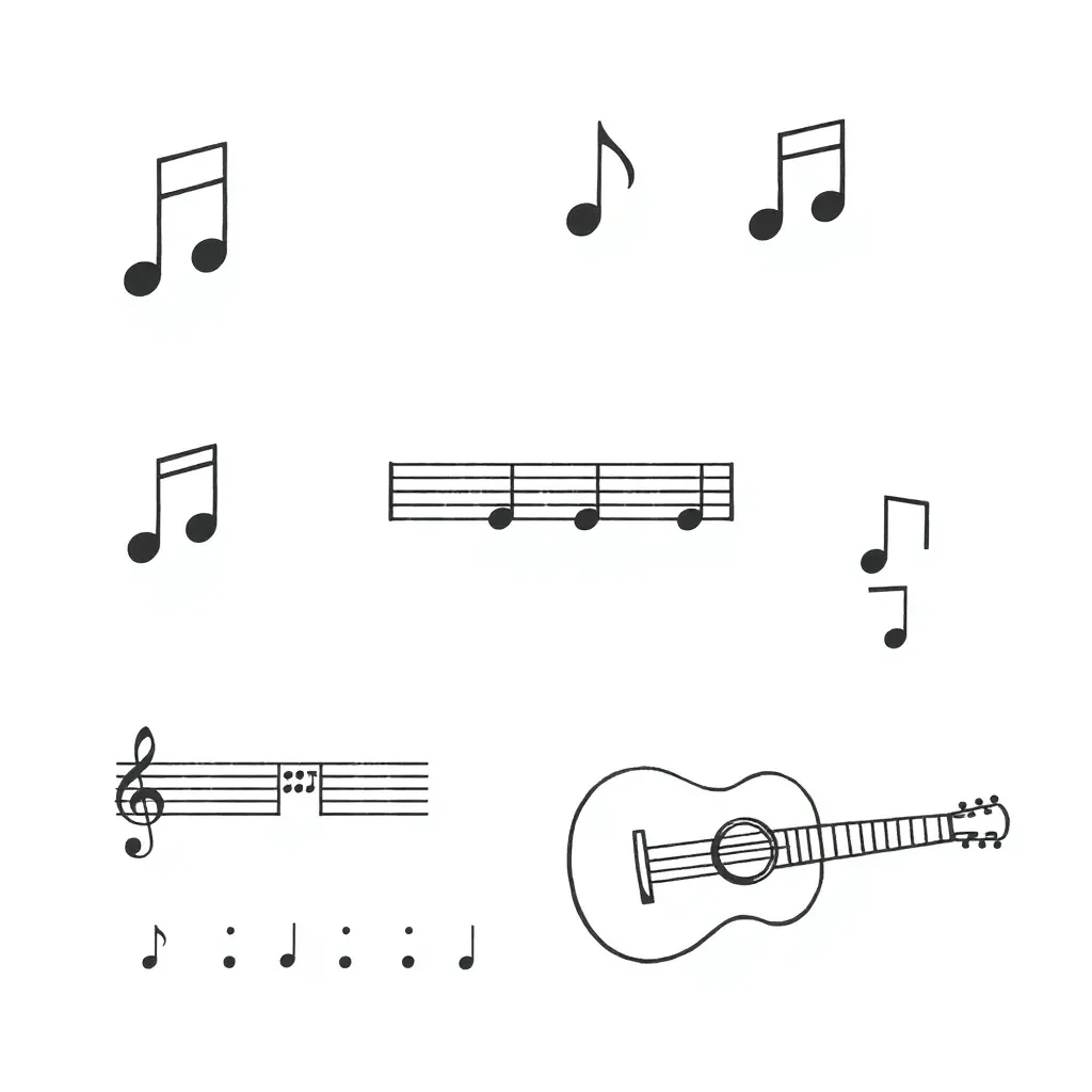 Music notation symbols and guitar