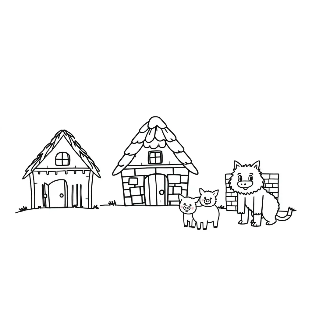 Three little pigs with their houses