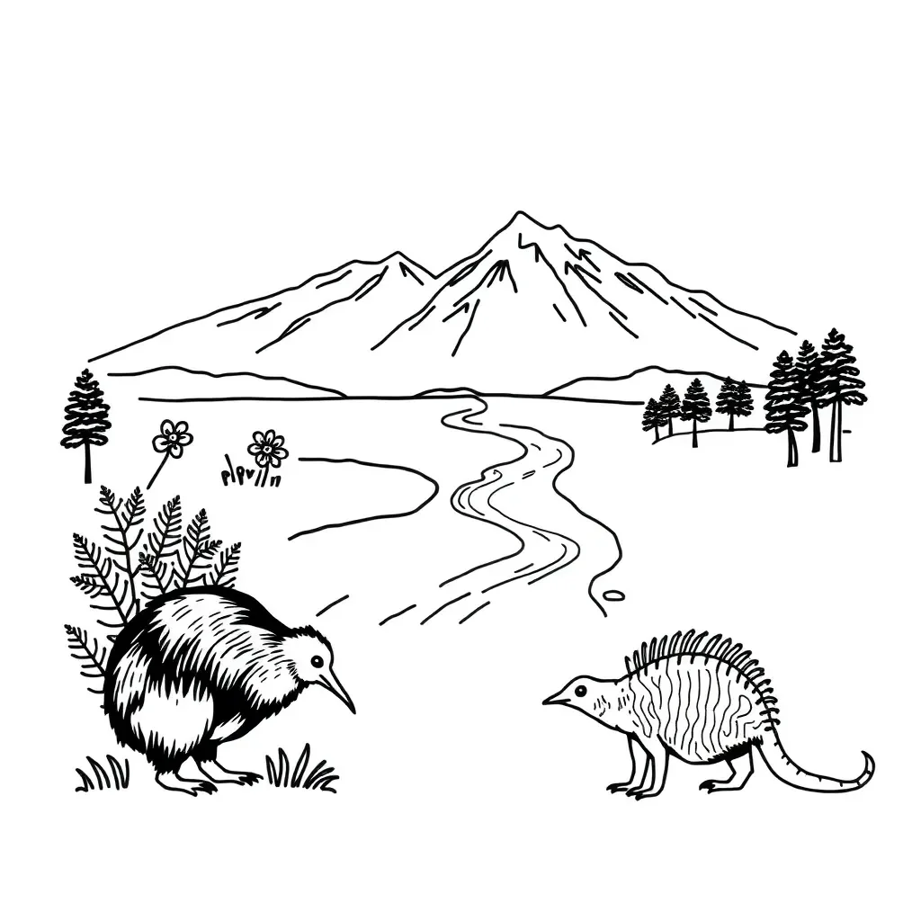 New Zealand forest ecosystem with native plants and birds