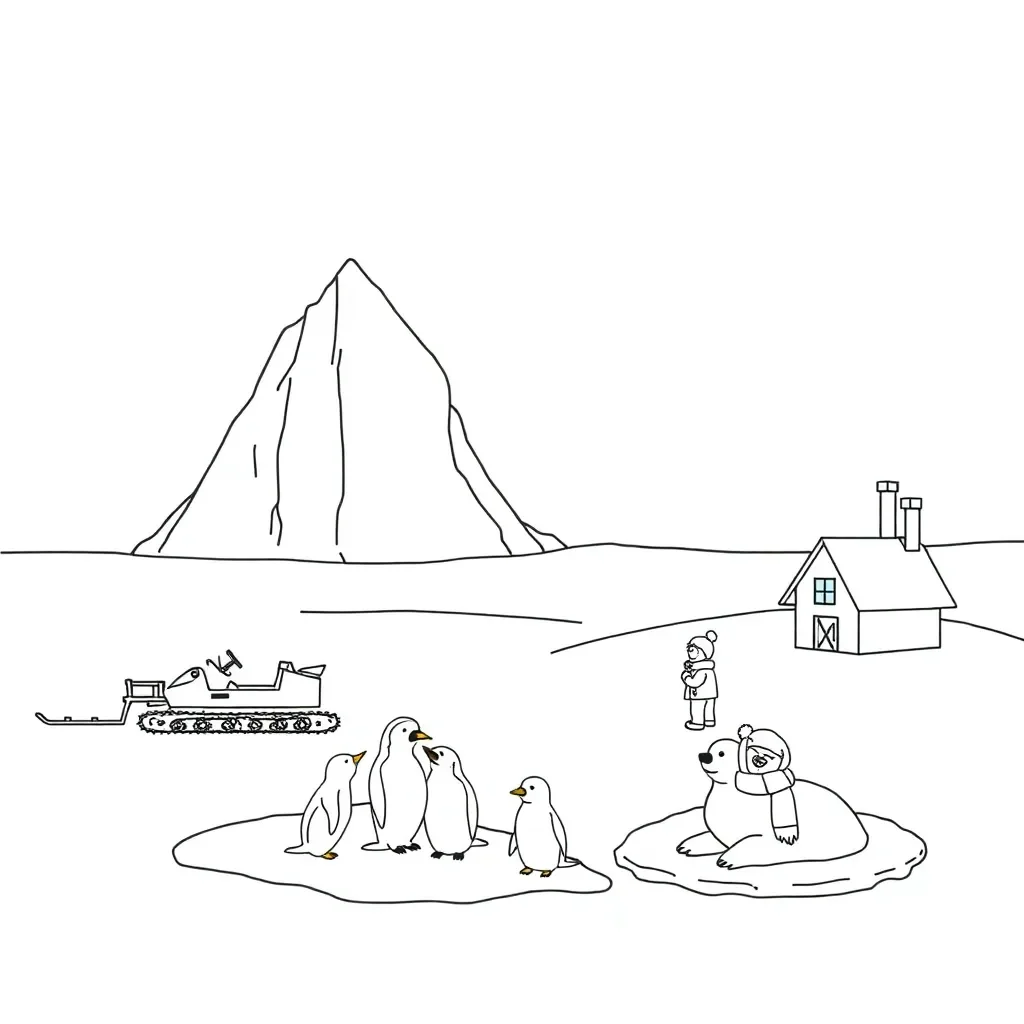 Antarctic landscape with penguins and icebergs