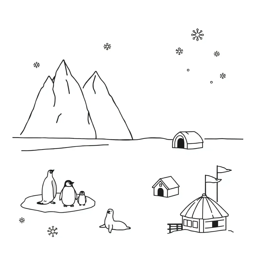Antarctica with penguins and icebergs