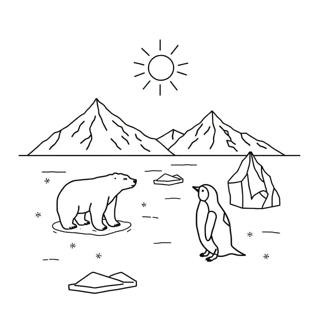 Antarctica and Arctic scenes with penguins and polar bears