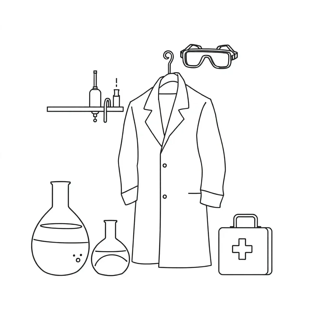 Laboratory safety equipment including goggles, gloves and lab coat