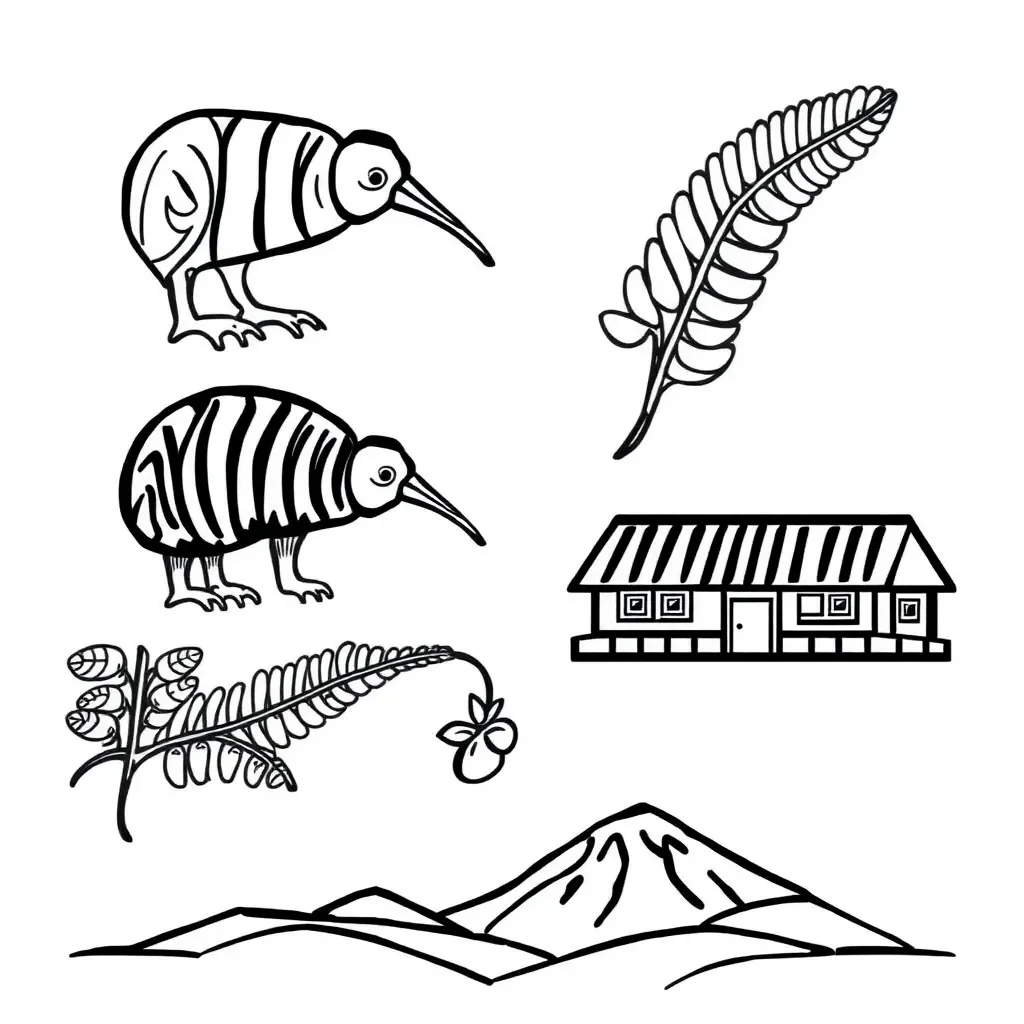 New Zealand flag and historical landmarks