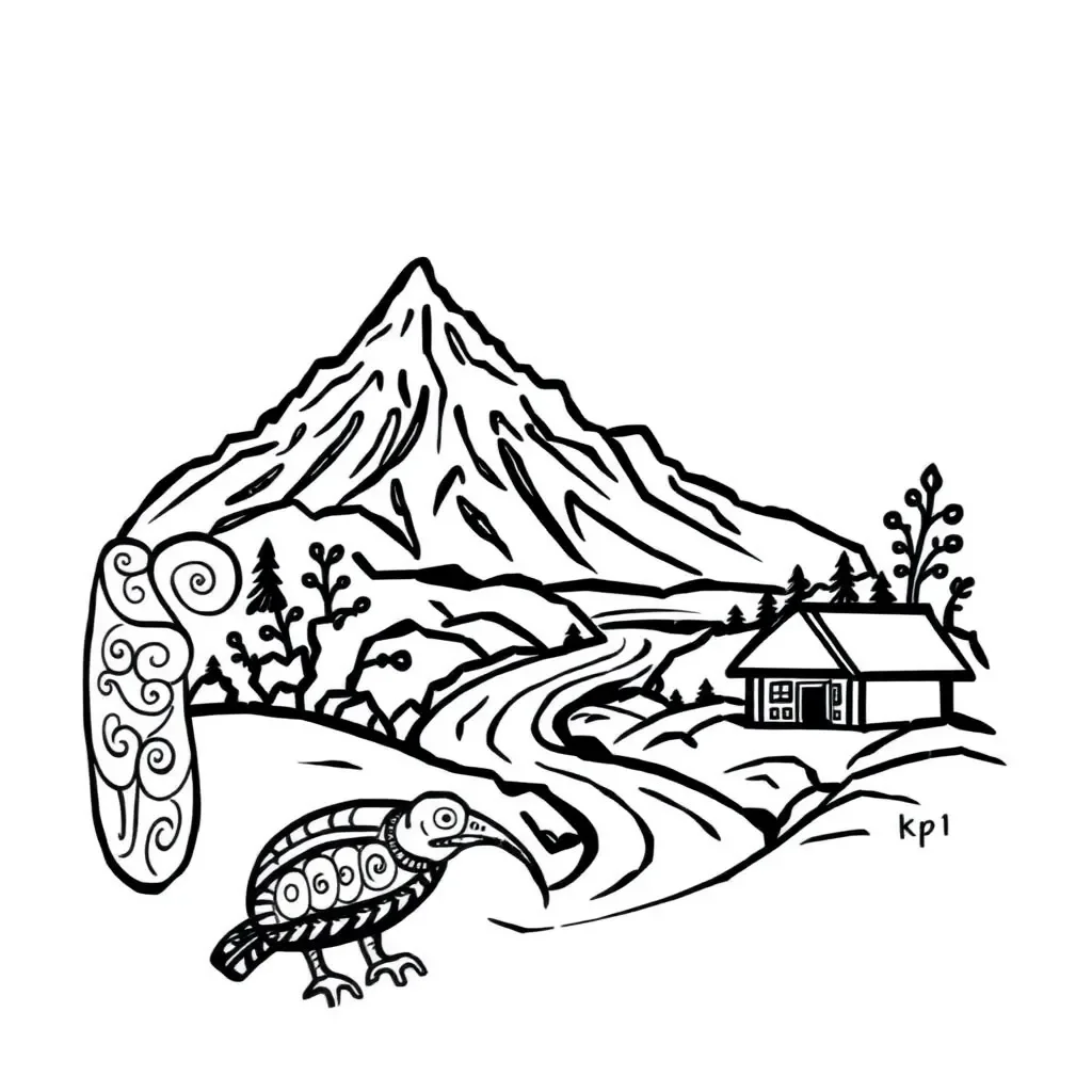 Māori cultural symbols including mountains, ocean waves, and traditional patterns