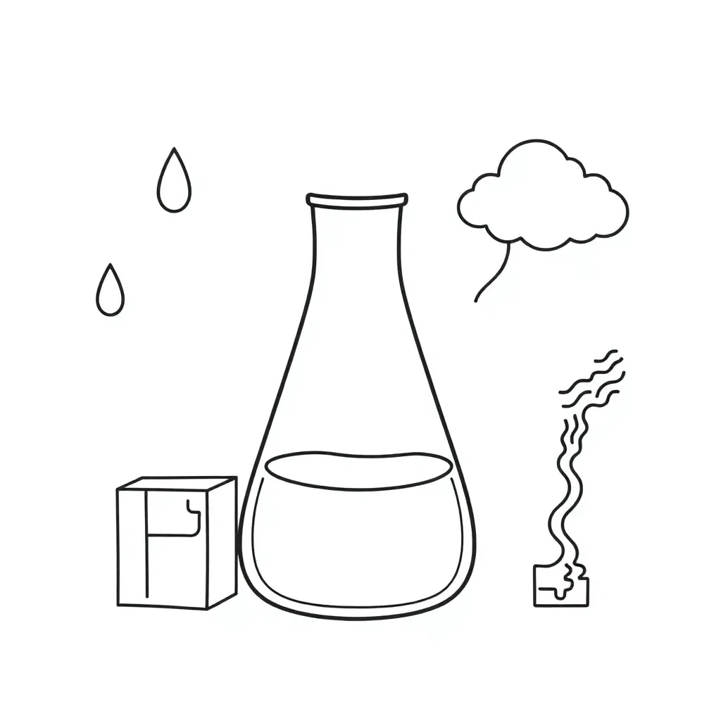 States of matter illustration showing solid, liquid and gas particles