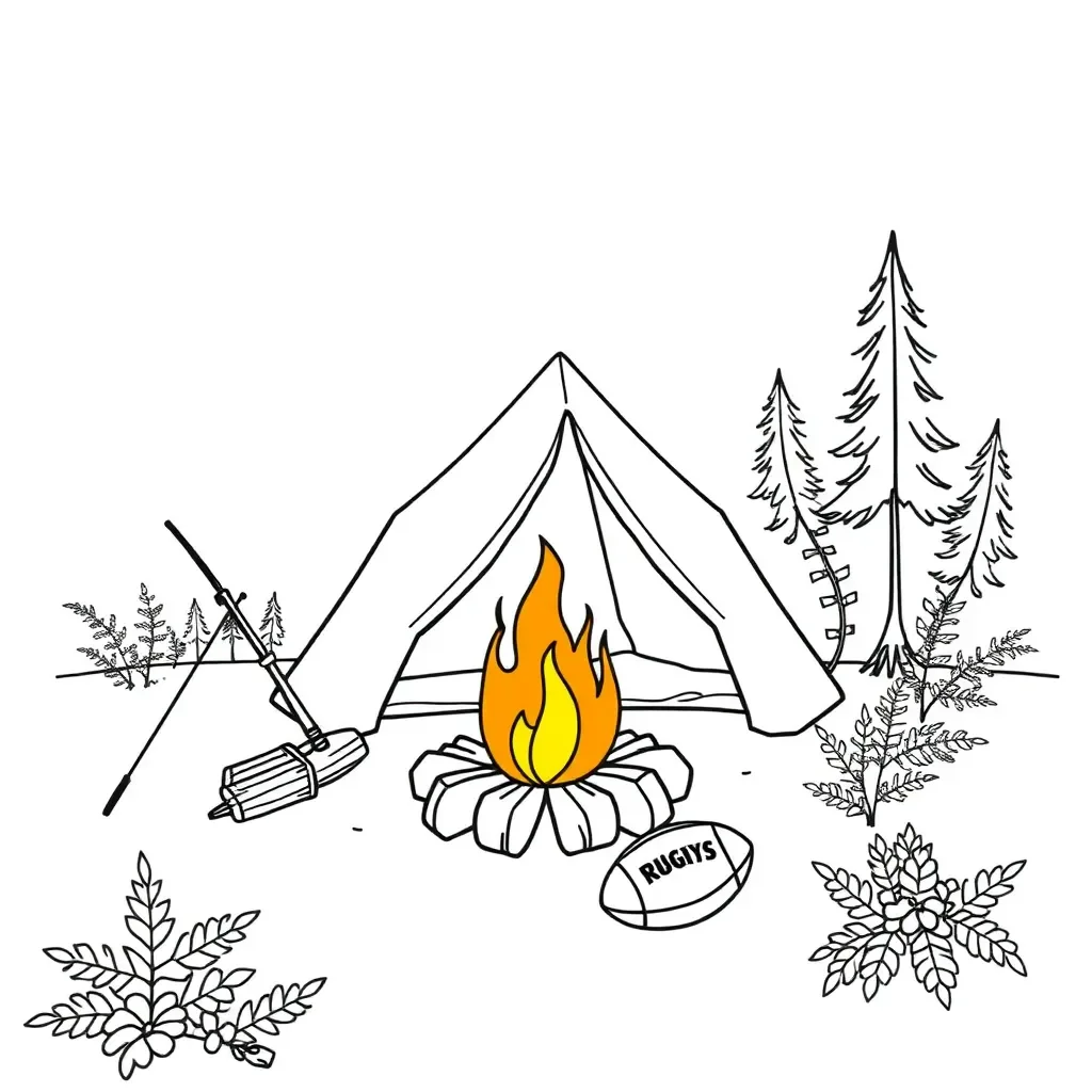 Rugby players camping outdoors