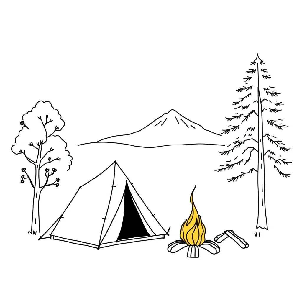 Camping scene with tent and campfire
