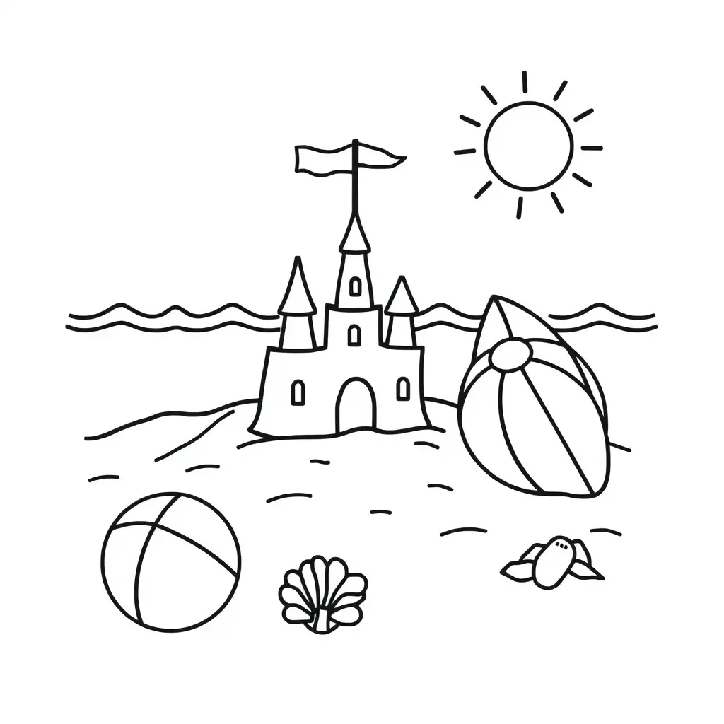 Beach scene with waves, sand, and shells