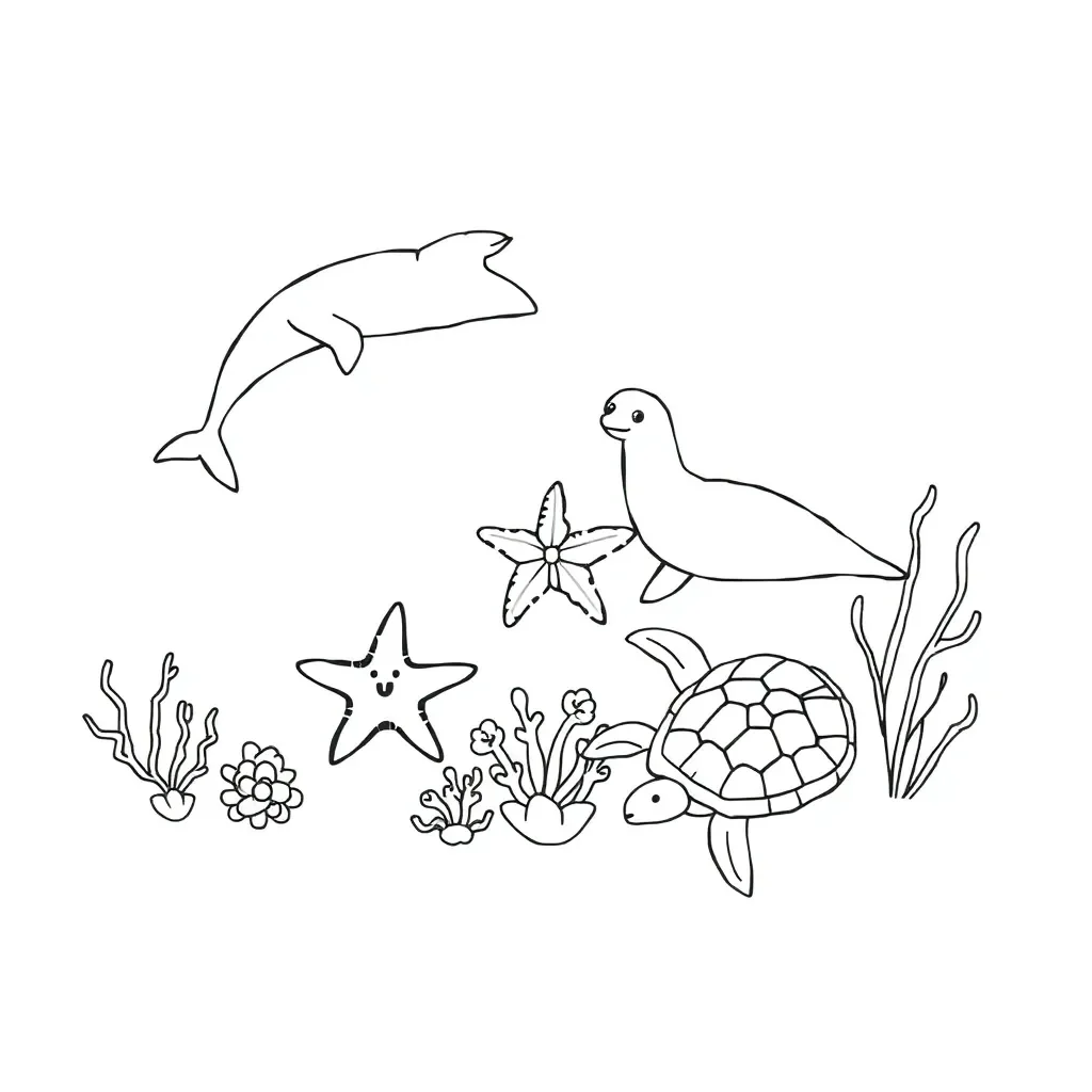 Ocean creatures including dolphins, sharks, and deep-sea fish
