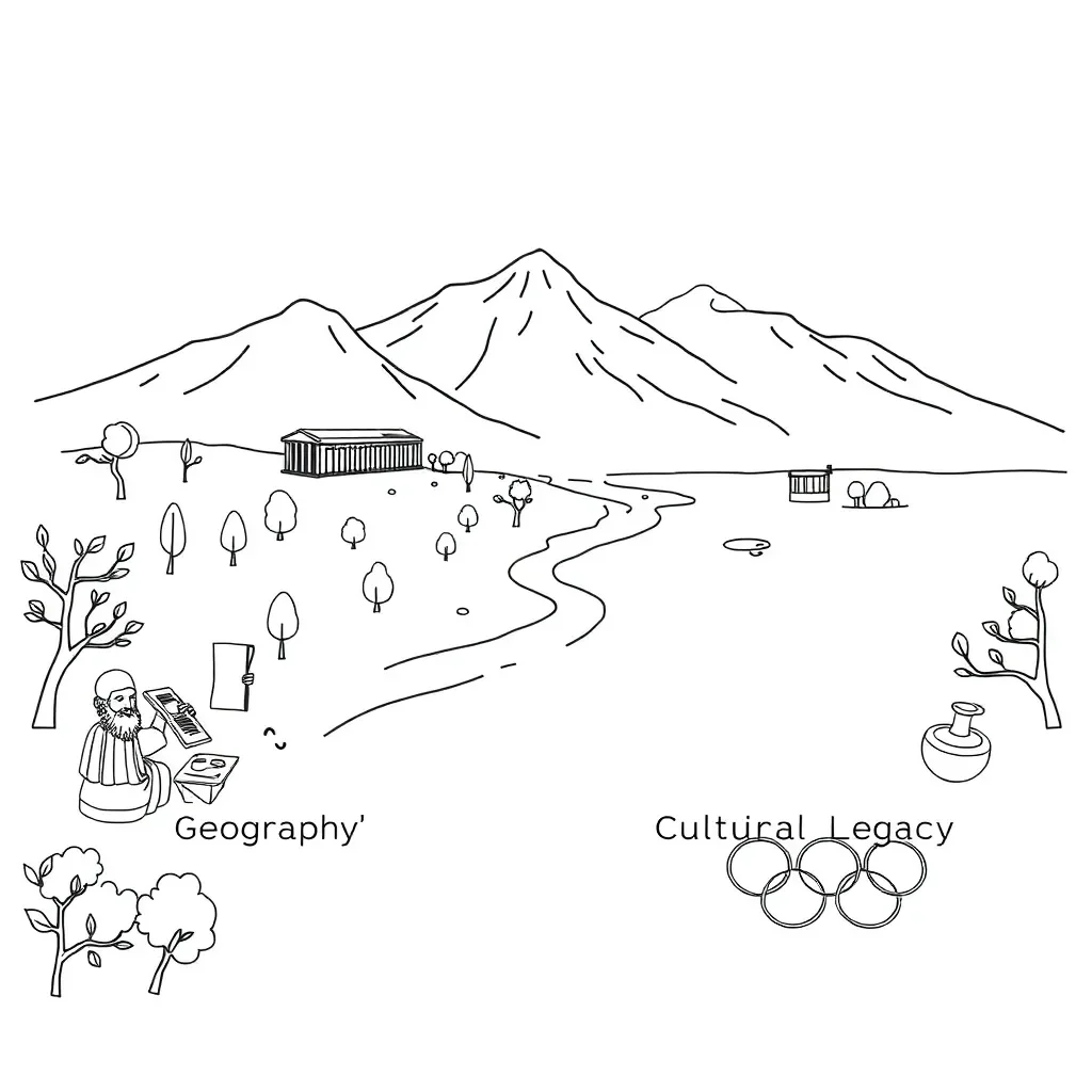 Ancient Greek temple and map illustration