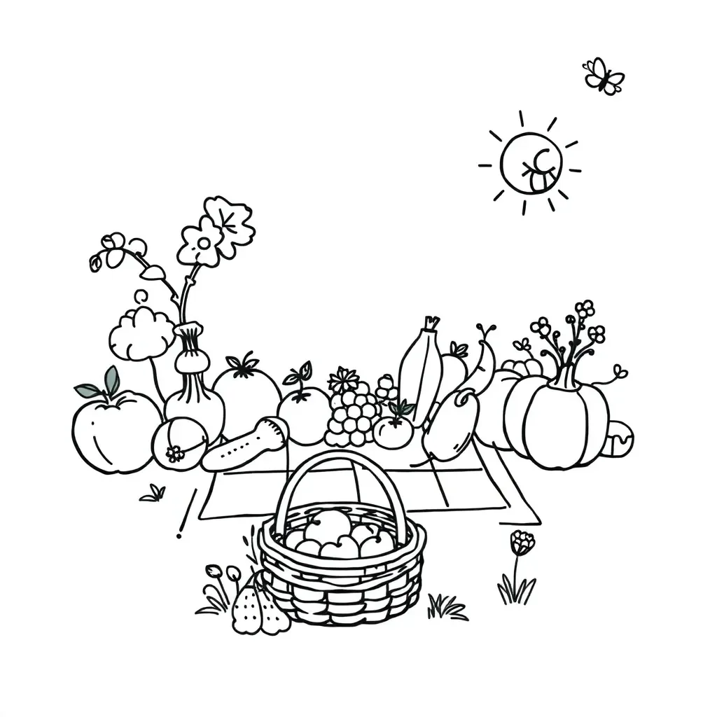 A colourful illustration of delicious food and happy children reading