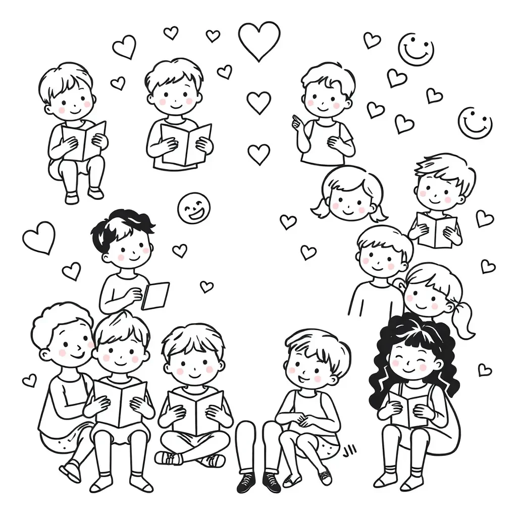 Character reading a book with thought bubbles showing different actions