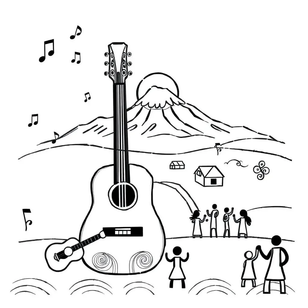 Musical notes and cultural symbols