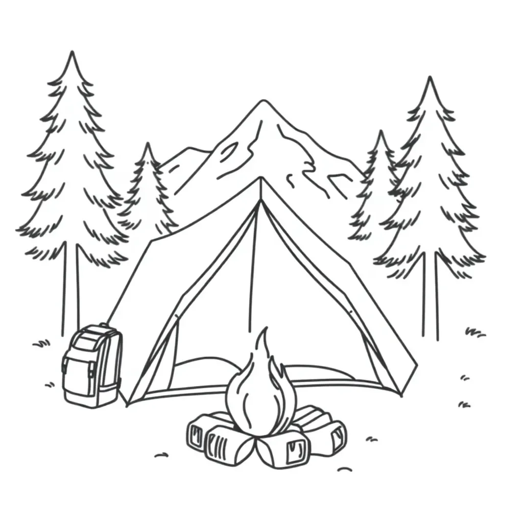 Family camping with tent and campfire