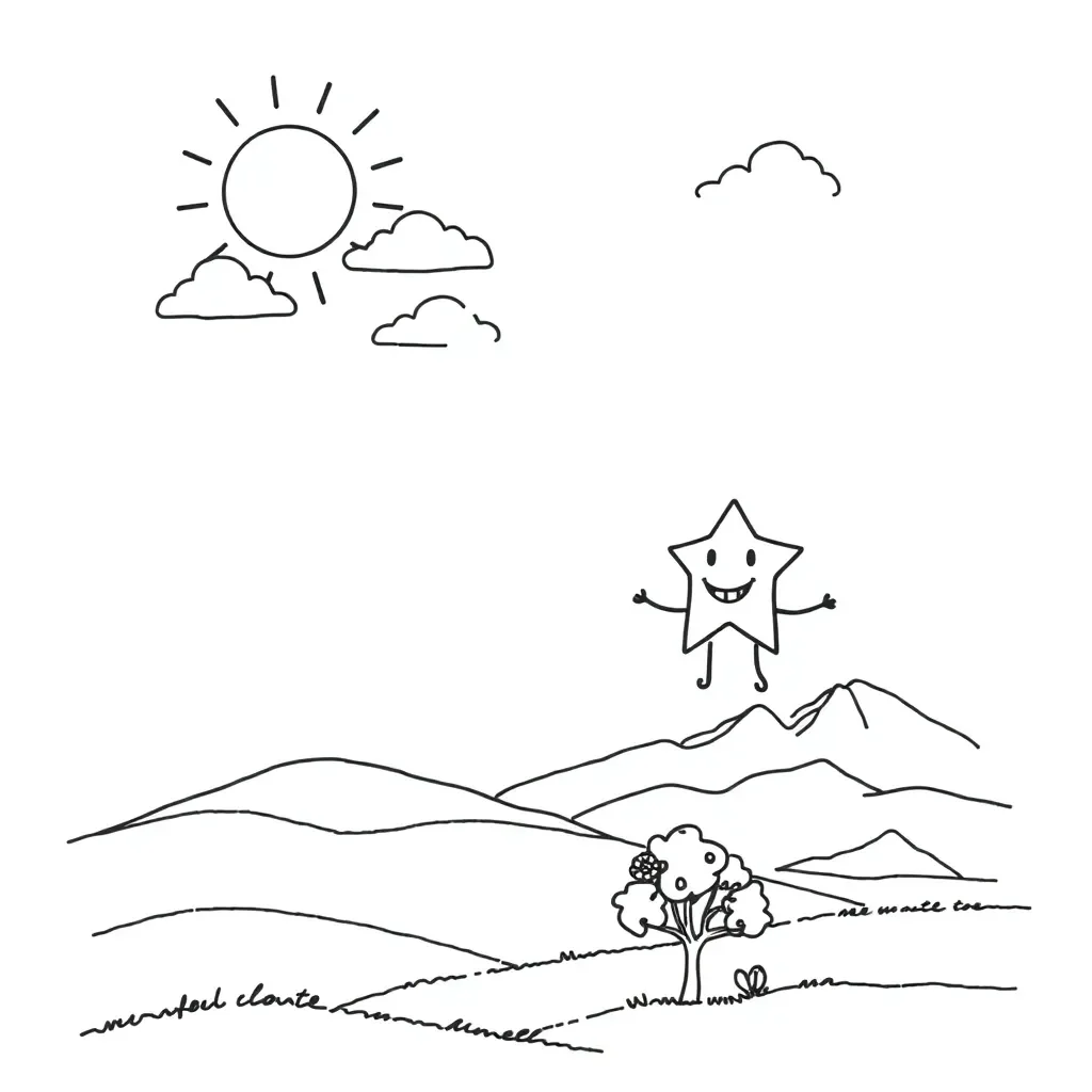 A bright star with a smiling face floating in a blue daytime sky