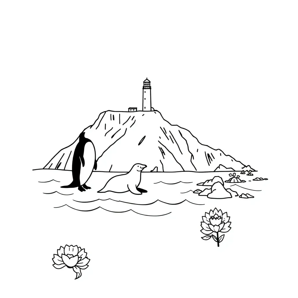 Macquarie Island landscape with penguins and seals