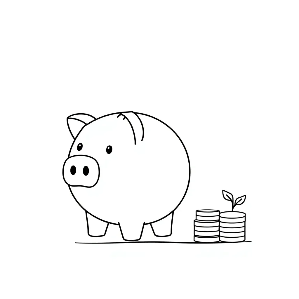 Piggy bank with coins and dollar notes