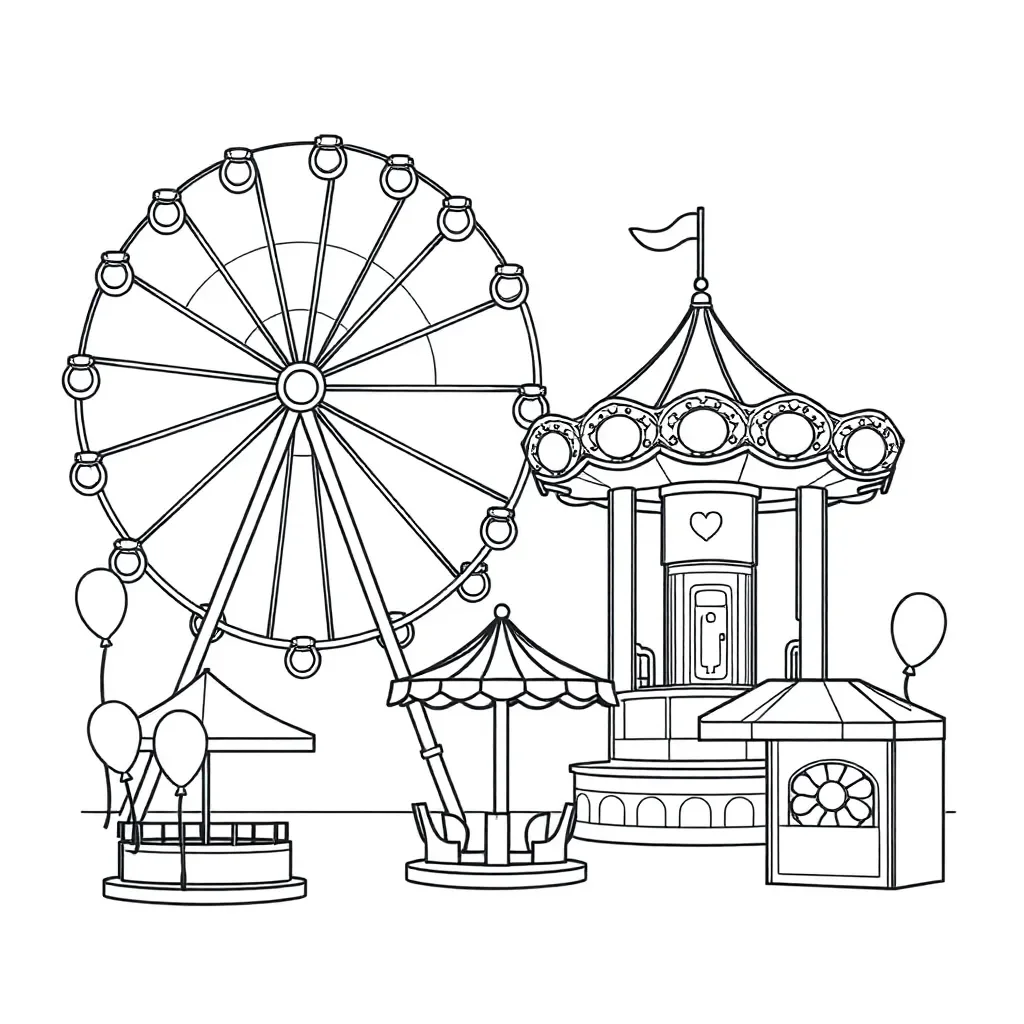 Colourful fairground rides including roller coaster and ferris wheel